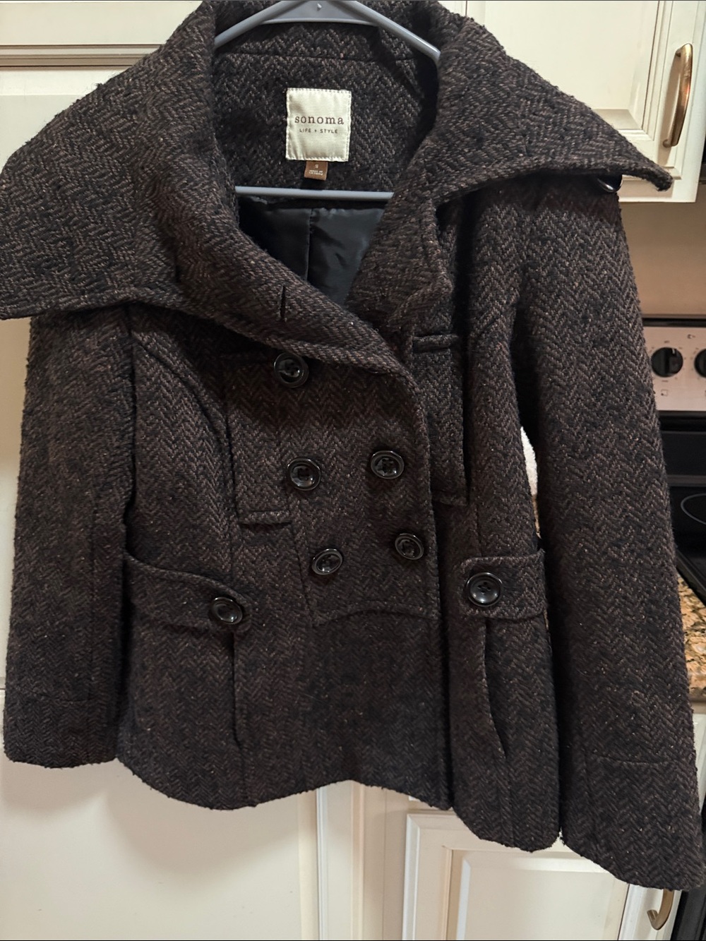 Sonoma Dark Brown Herringbone Double-Breasted Pea Coat